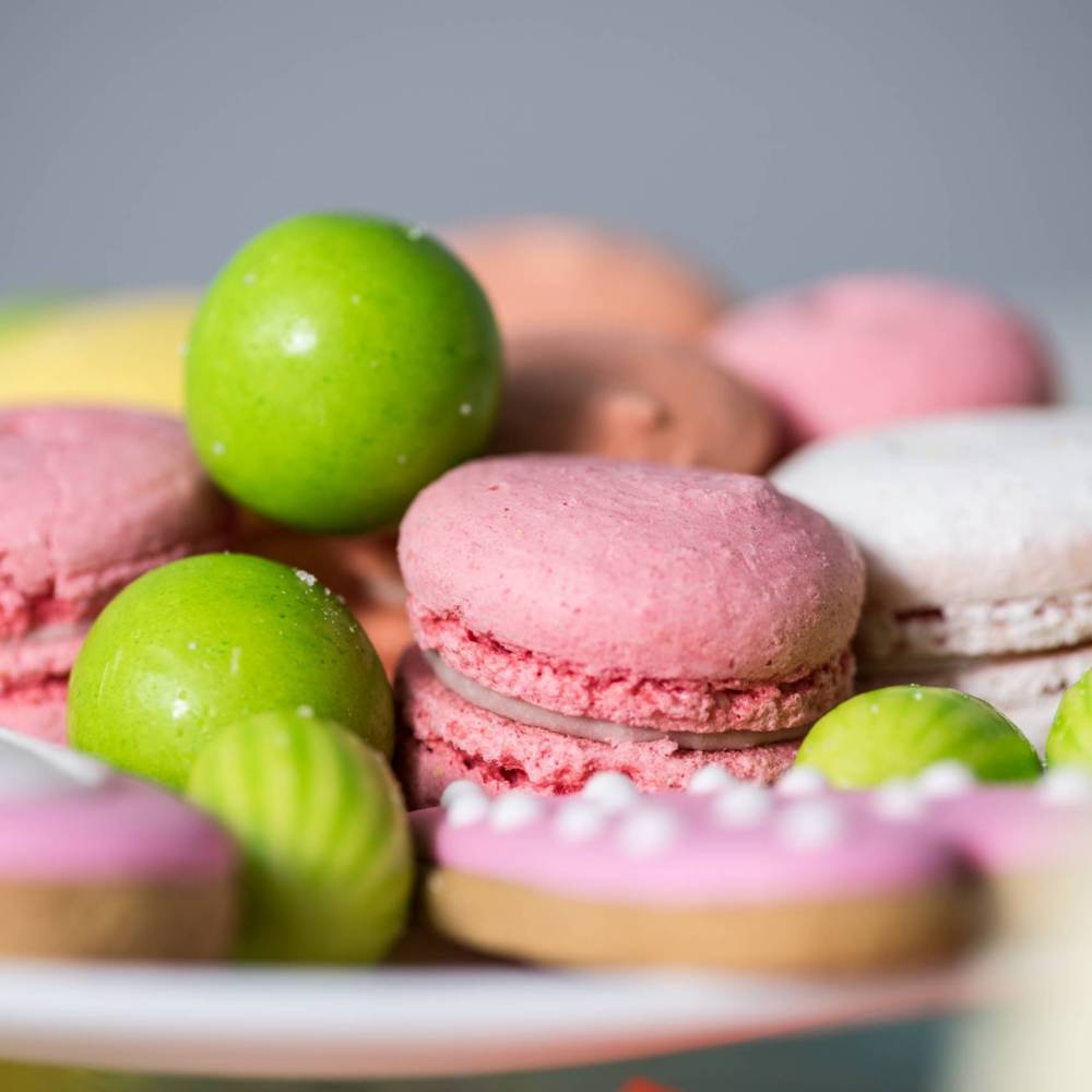 close-up view of delicious colorful sweets at birthday party